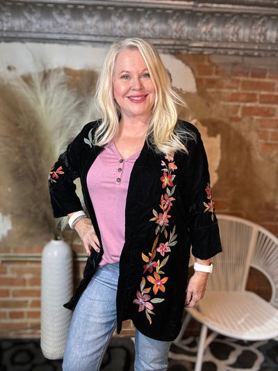 Black Embroidered Velvet 3/4 Duster-Tops-Ciello-Market Street Nest, Fashionable Clothing, Shoes and Home Décor Located in Mabank, TX