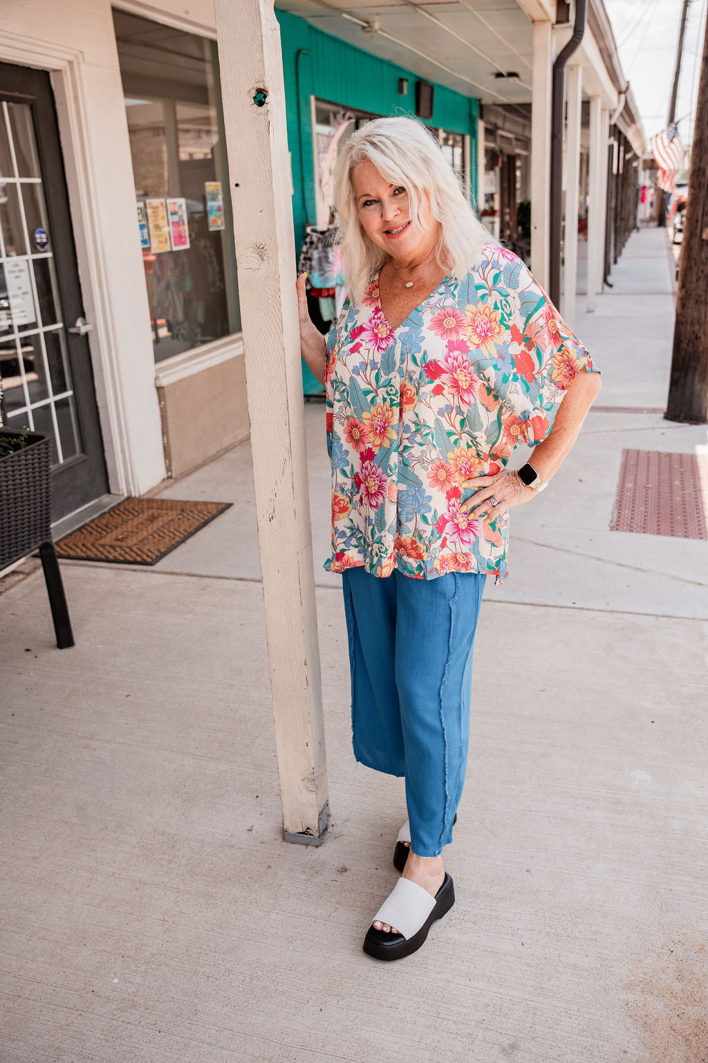 Front view. Linen Blend Frayed Edge Wide Leg Pants In French Blue-Bottoms-Umgee USA Inc-Market Street Nest, Fashionable Clothing, Shoes and Home Décor Located in Mabank, TX