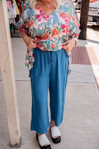 Front View. Linen Blend Frayed Edge Wide Leg Pants In French Blue-Bottoms-Umgee USA Inc-Market Street Nest, Fashionable Clothing, Shoes and Home Décor Located in Mabank, TX