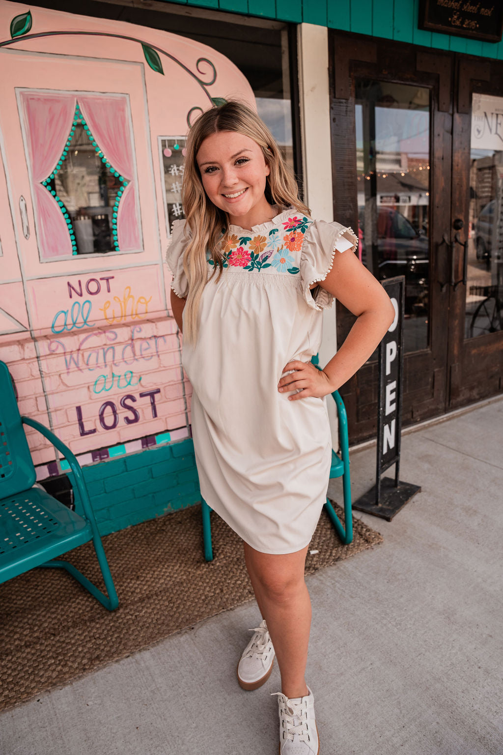 Cream Embroidered Flutter Sleeve Dress-Dresses & Rompers-THML-Market Street Nest, Fashionable Clothing, Shoes and Home Décor Located in Mabank, TX