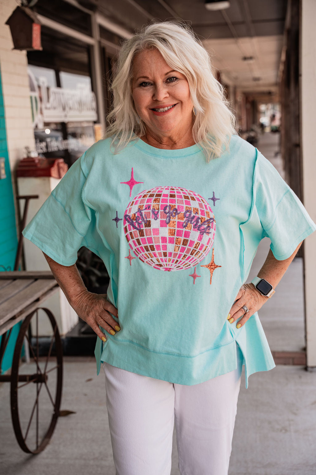Loose Fit Jersey Tee With Sequin Ball "Let's Go Girls"-Tops-Fantastic Fawn-Market Street Nest, Fashionable Clothing, Shoes and Home Décor Located in Mabank, TX