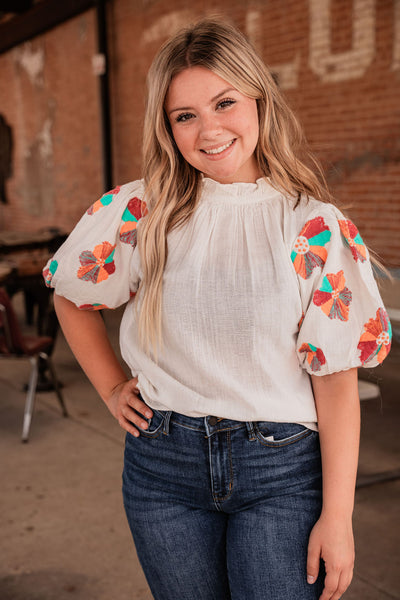 White Embroidered Sleeve Top-Tops-THML-Market Street Nest, Fashionable Clothing, Shoes and Home Décor Located in Mabank, TX