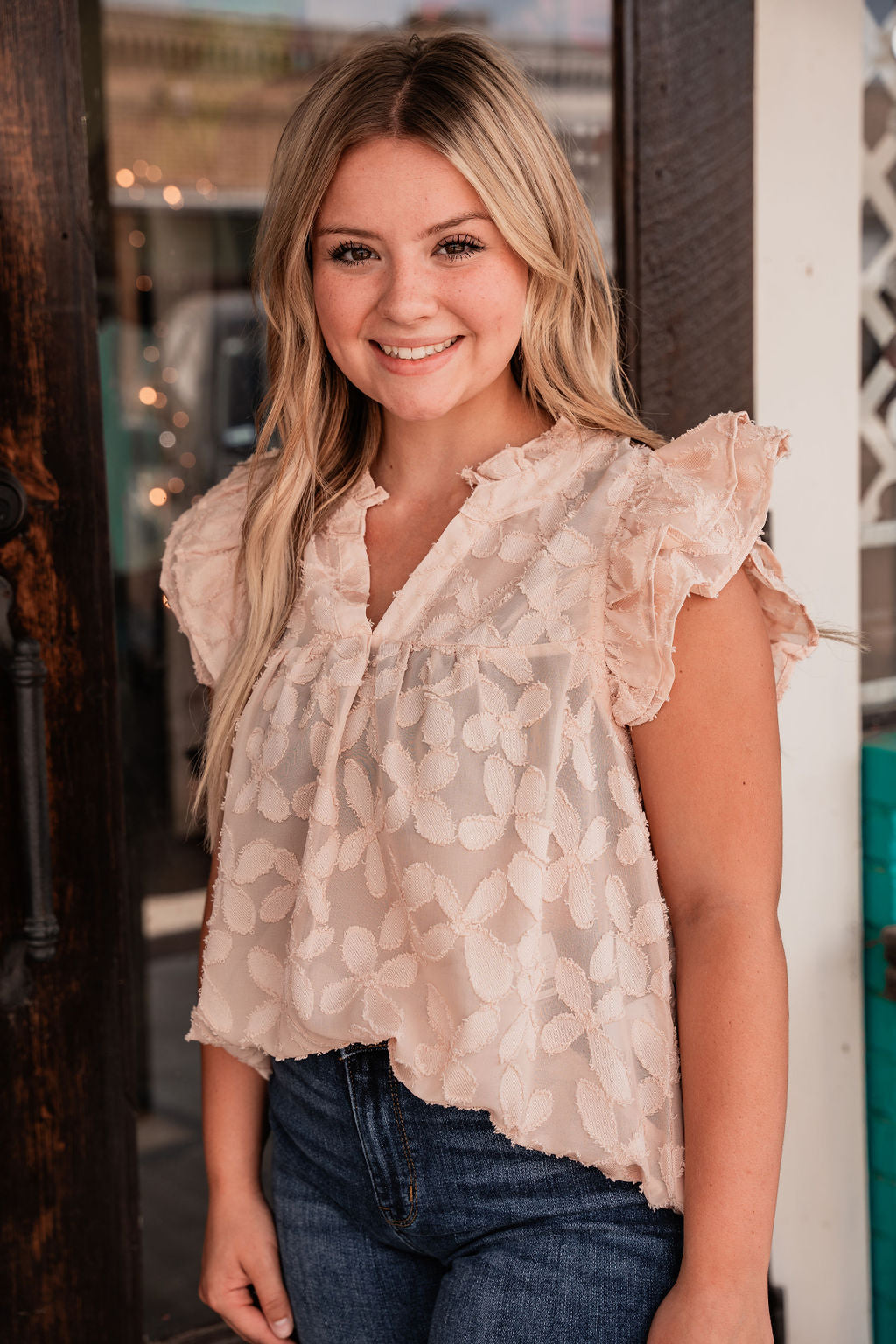 Front View. Sheer Flutter Sleeve Textured Top in Beige-Tops-THML-Market Street Nest, Fashionable Clothing, Shoes and Home Décor Located in Mabank, TX