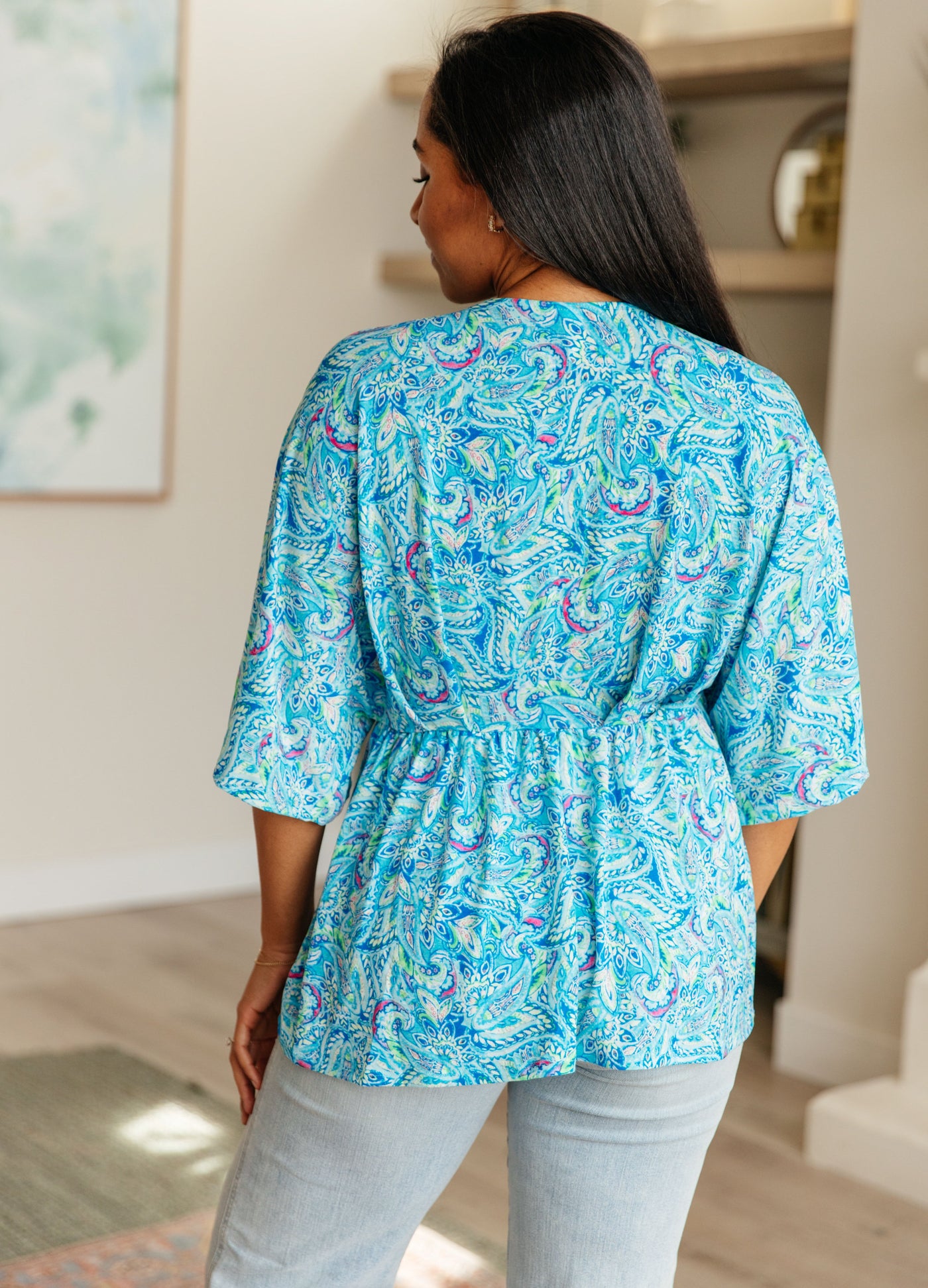 Dreamer Peplum Top in Blue and Teal Paisley-Tops-Ave Shops-Market Street Nest, Fashionable Clothing, Shoes and Home Décor Located in Mabank, TX