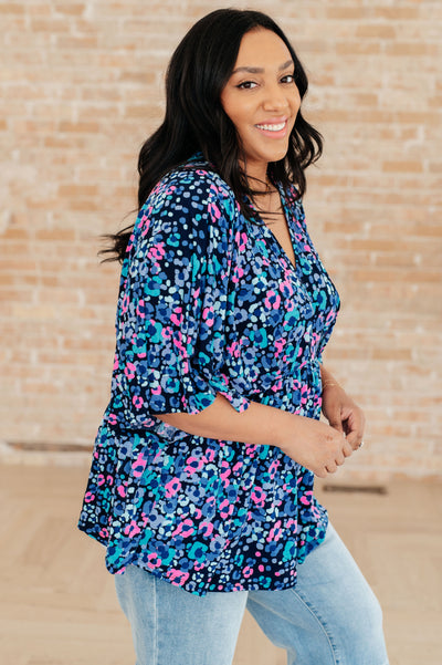 Dreamer Peplum Top in Navy and Lavender Animal Print-Tops-Ave Shops-Market Street Nest, Fashionable Clothing, Shoes and Home Décor Located in Mabank, TX