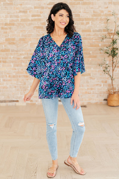 Dreamer Peplum Top in Navy and Lavender Animal Print-Tops-Ave Shops-Market Street Nest, Fashionable Clothing, Shoes and Home Décor Located in Mabank, TX