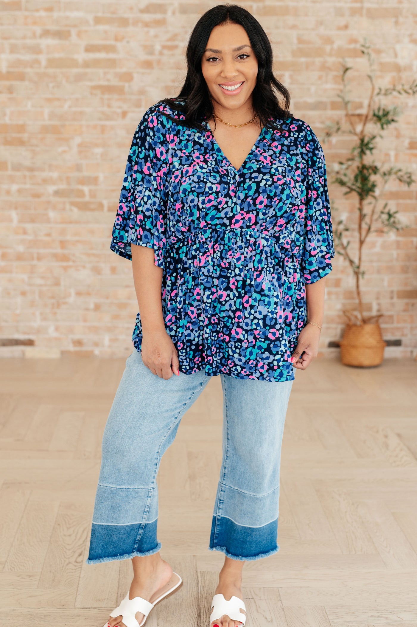 Dreamer Peplum Top in Navy and Lavender Animal Print-Tops-Ave Shops-Market Street Nest, Fashionable Clothing, Shoes and Home Décor Located in Mabank, TX