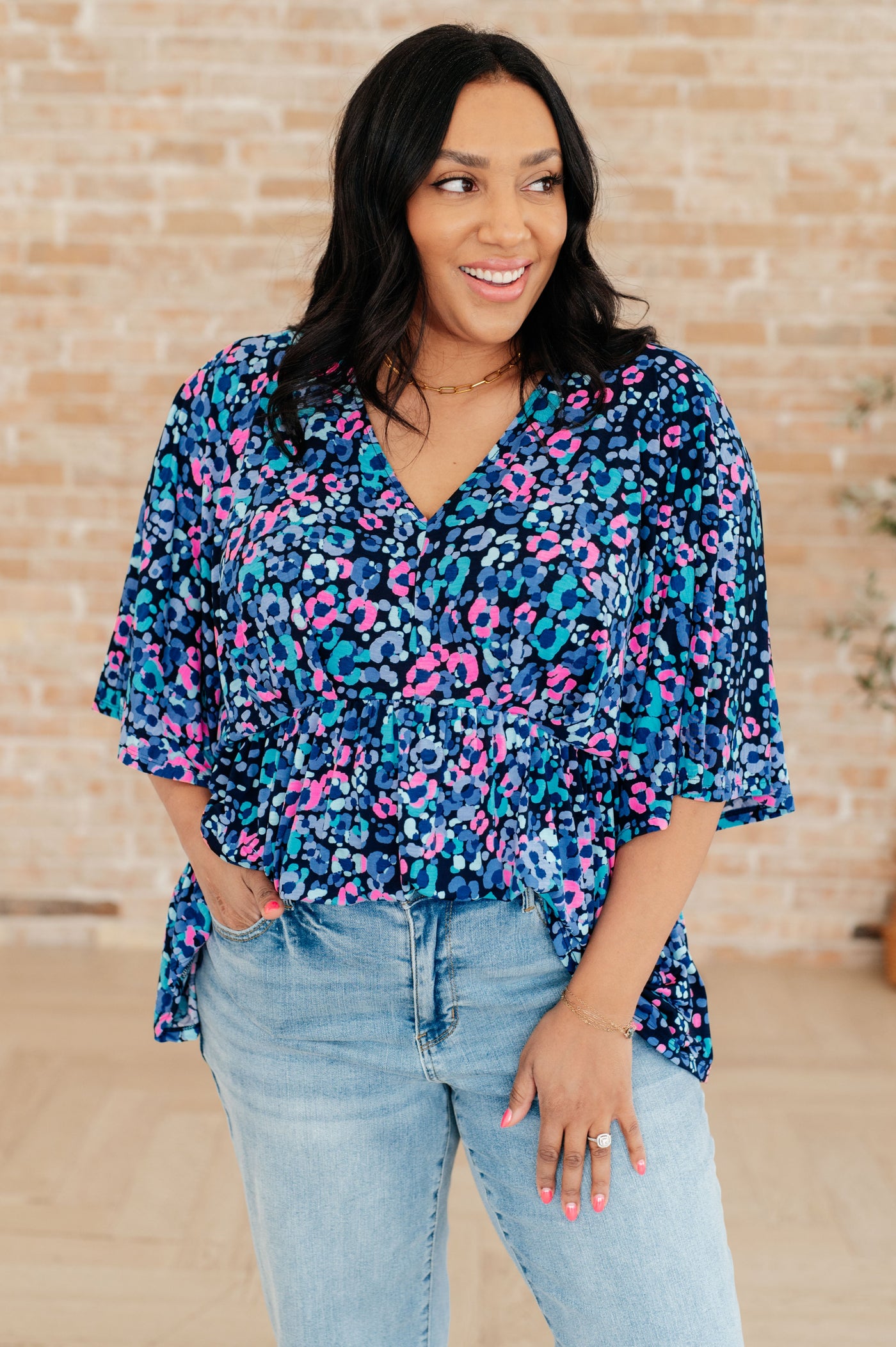 Dreamer Peplum Top in Navy and Lavender Animal Print-Tops-Ave Shops-Market Street Nest, Fashionable Clothing, Shoes and Home Décor Located in Mabank, TX