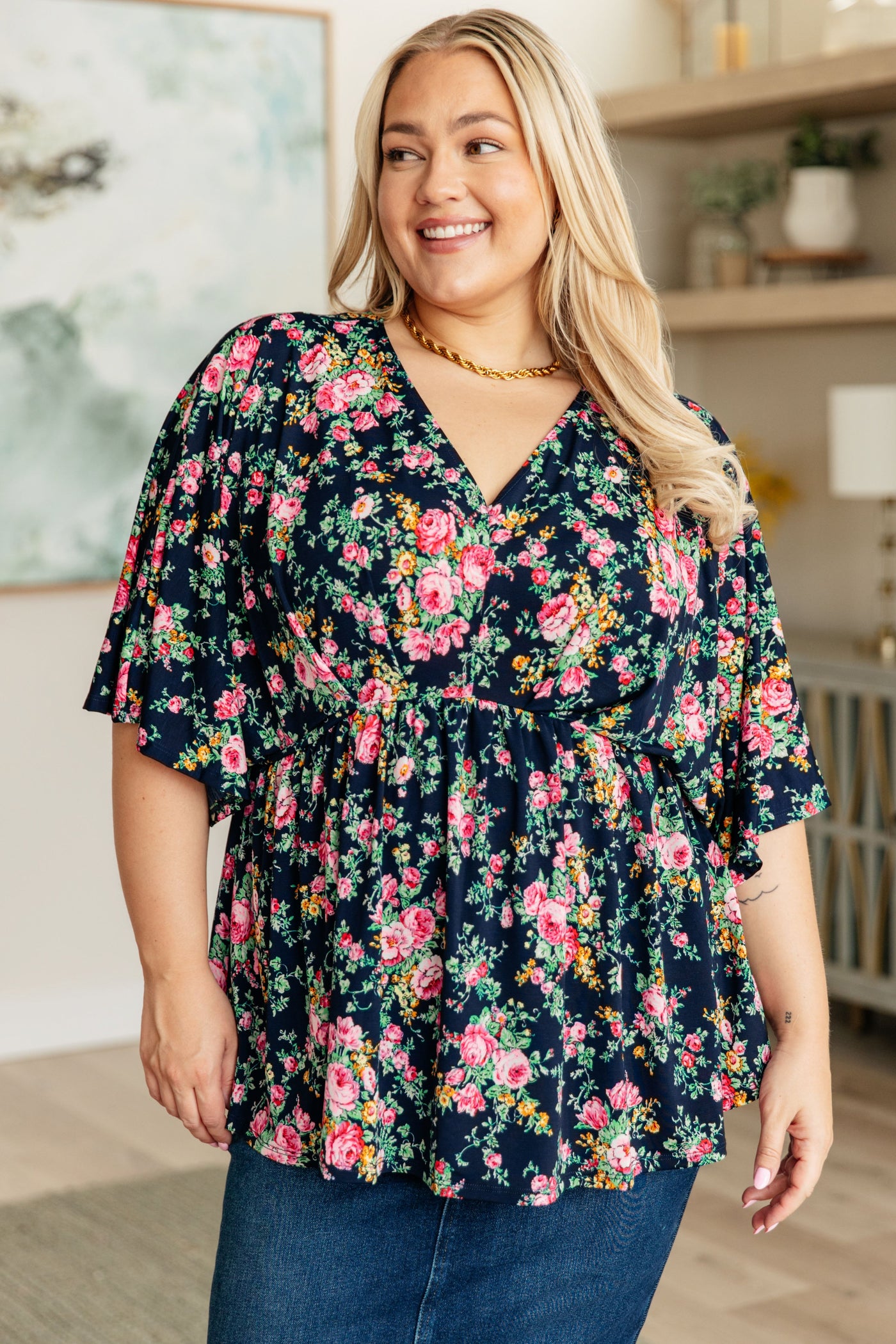Dreamer Top in Navy and Pink Vintage Bouquet-Tops-Ave Shops-Market Street Nest, Fashionable Clothing, Shoes and Home Décor Located in Mabank, TX