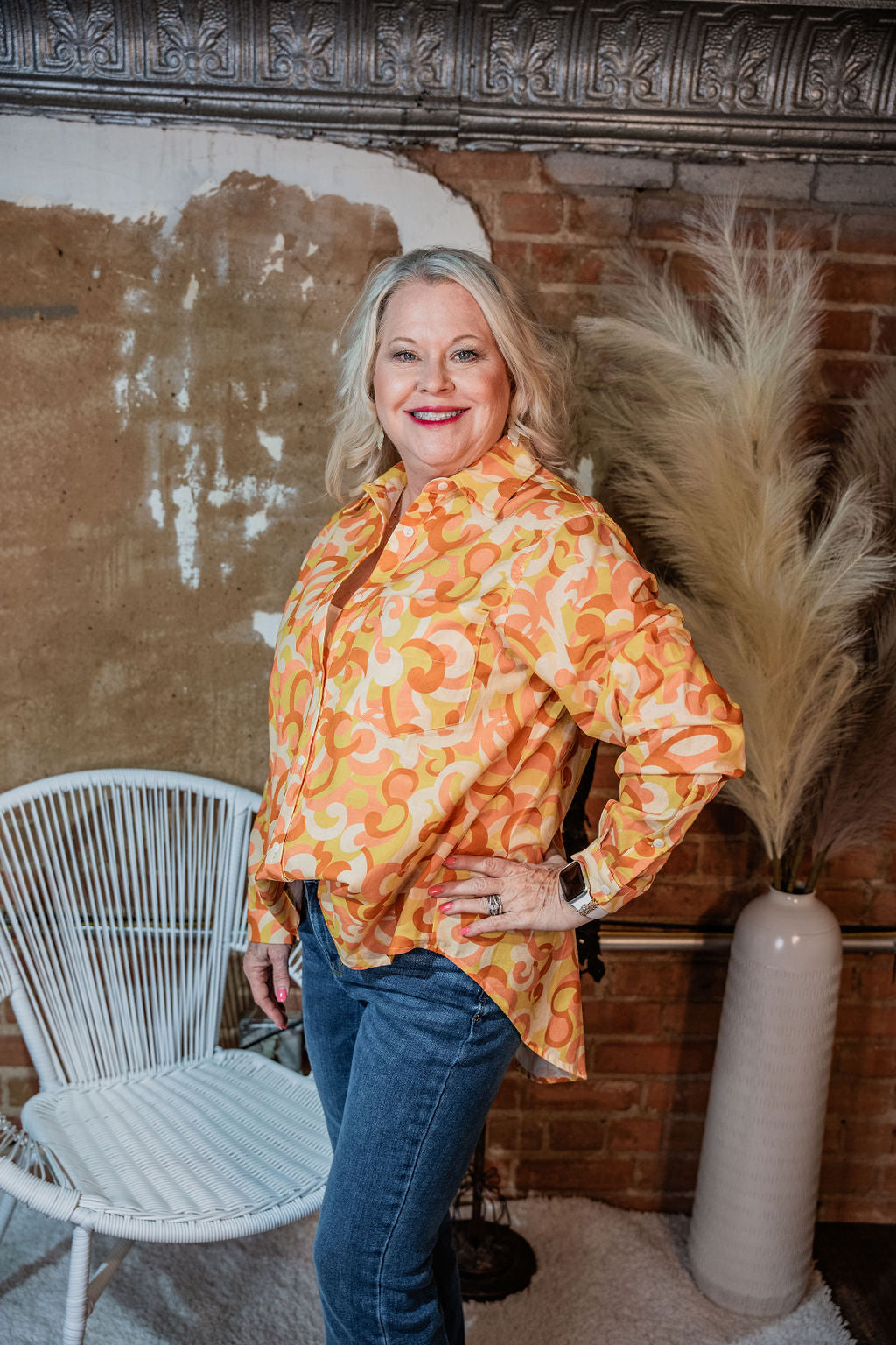 Front View. Tangerine Kaleidoscopic Print Button Up Shirt-Tops-Before You Collection-Market Street Nest, Fashionable Clothing, Shoes and Home Décor Located in Mabank, TX