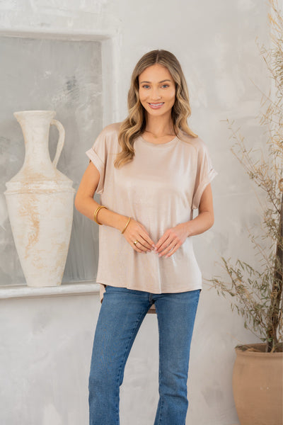 Shimmer Cuffed Top in Taupe-Womens-Ave Shops-Market Street Nest, Fashionable Clothing, Shoes and Home Décor Located in Mabank, TX