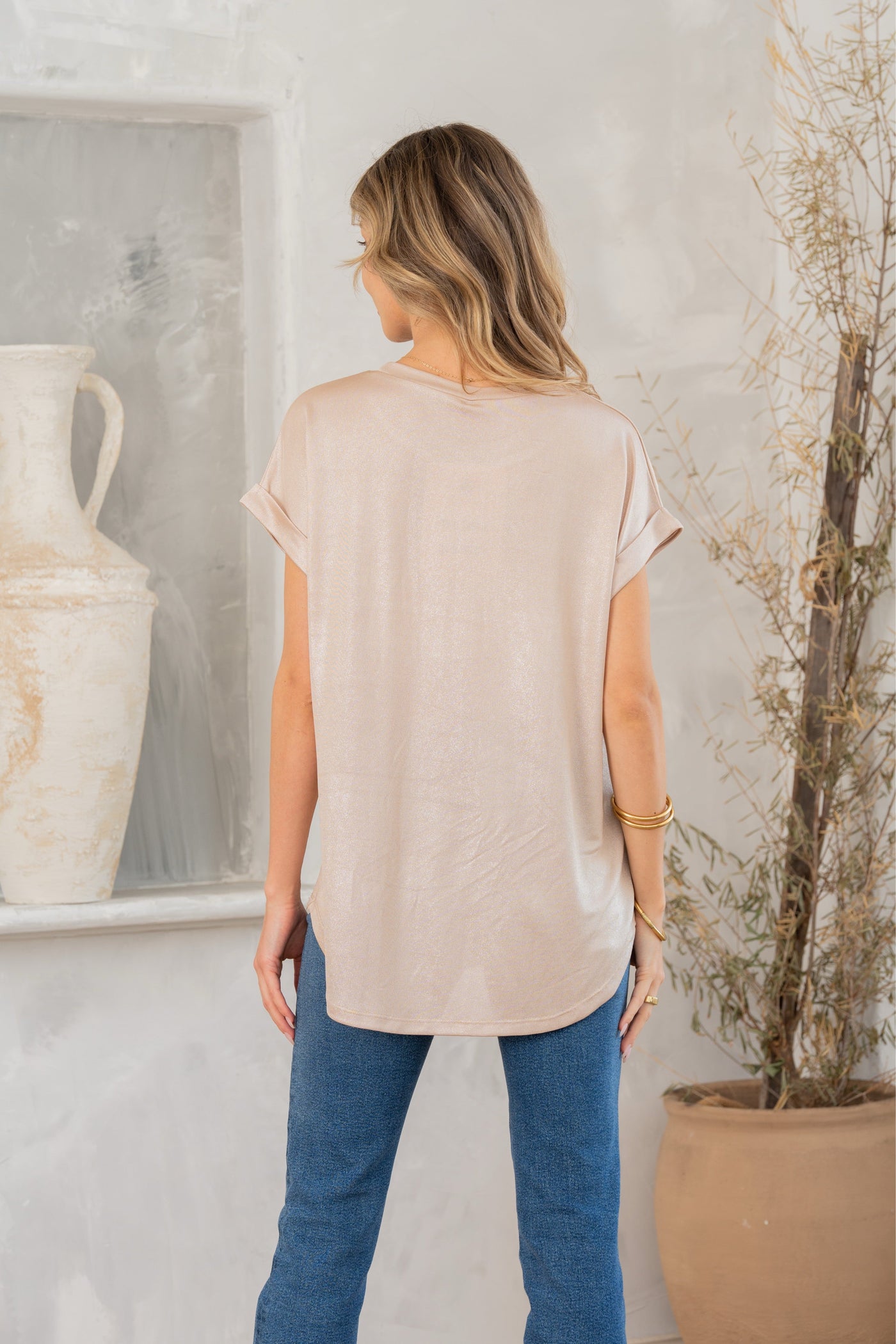 Shimmer Cuffed Top in Taupe-Womens-Ave Shops-Market Street Nest, Fashionable Clothing, Shoes and Home Décor Located in Mabank, TX