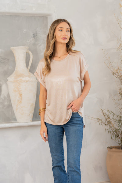 Shimmer Cuffed Top in Taupe-Womens-Ave Shops-Market Street Nest, Fashionable Clothing, Shoes and Home Décor Located in Mabank, TX