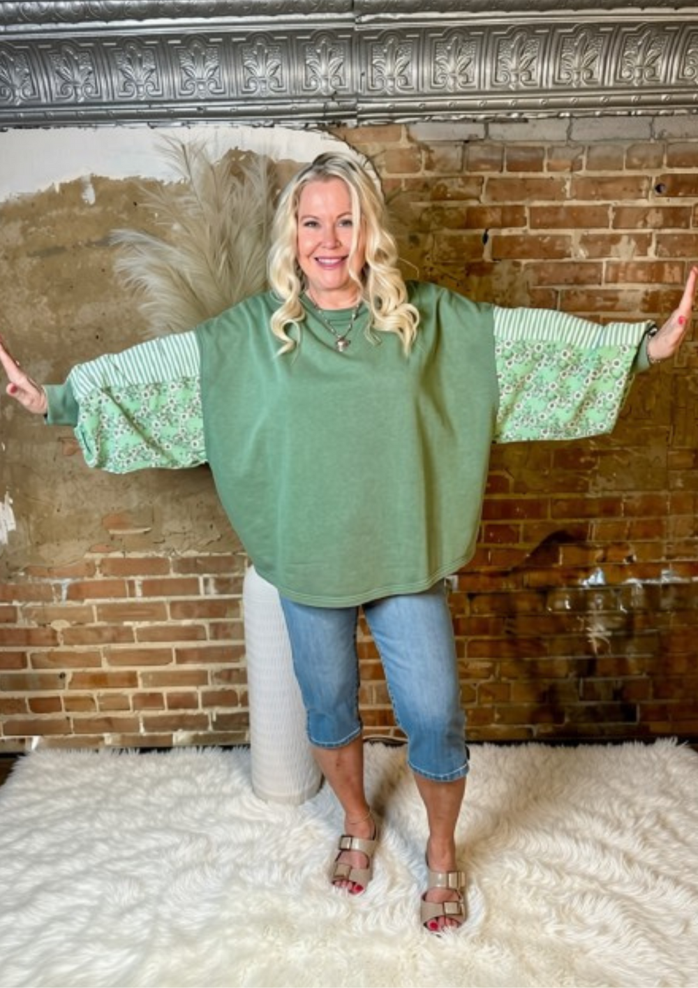 Easel Juniper Green Mixed Pattern Mineral Wash Top-08-Tops-EASEL-Market Street Nest, Fashionable Clothing, Shoes and Home Décor Located in Mabank, TX