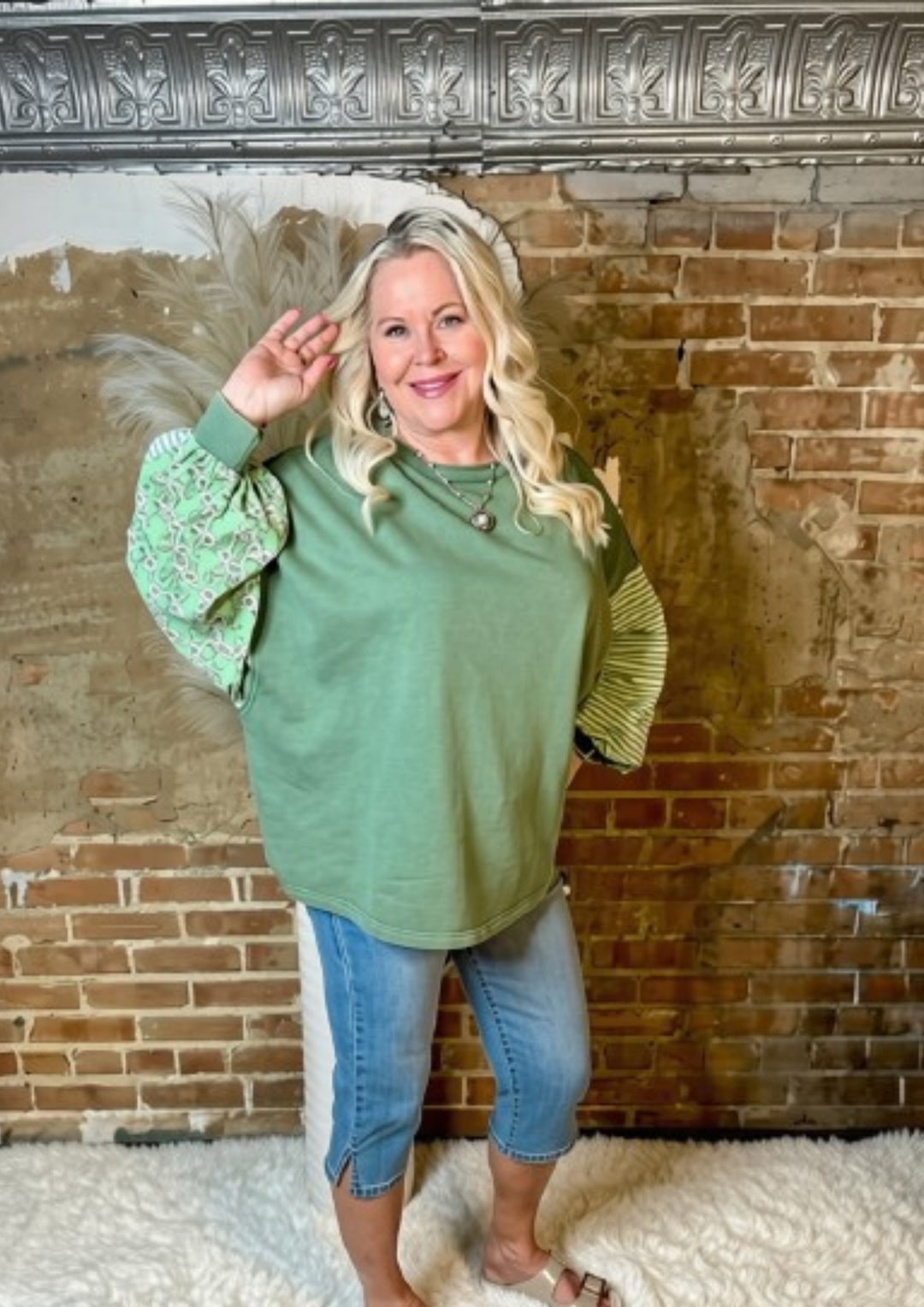 Easel Juniper Green Mixed Pattern Mineral Wash Top-08-Tops-EASEL-Market Street Nest, Fashionable Clothing, Shoes and Home Décor Located in Mabank, TX