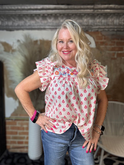 Embroidered Ruffle Cap Sleeve Top in Punch Pink-Tops-GANZ-Market Street Nest, Fashionable Clothing, Shoes and Home Décor Located in Mabank, TX
