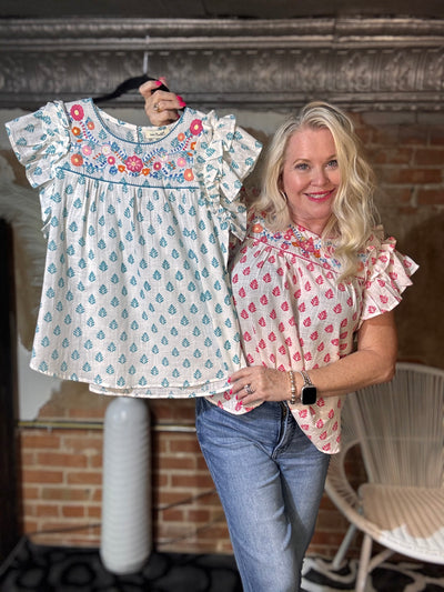 Embroidered Ruffle Cap Sleeve Top in Punch Pink-Tops-GANZ-Market Street Nest, Fashionable Clothing, Shoes and Home Décor Located in Mabank, TX