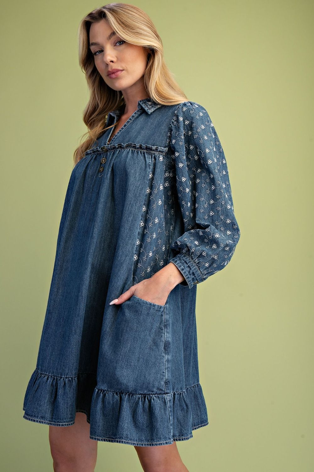 Embroidered Washed Denim Dress-10-Dresses, Rompers &amp; Sets-EASEL-Market Street Nest, Fashionable Clothing, Shoes and Home Décor Located in Mabank, TX