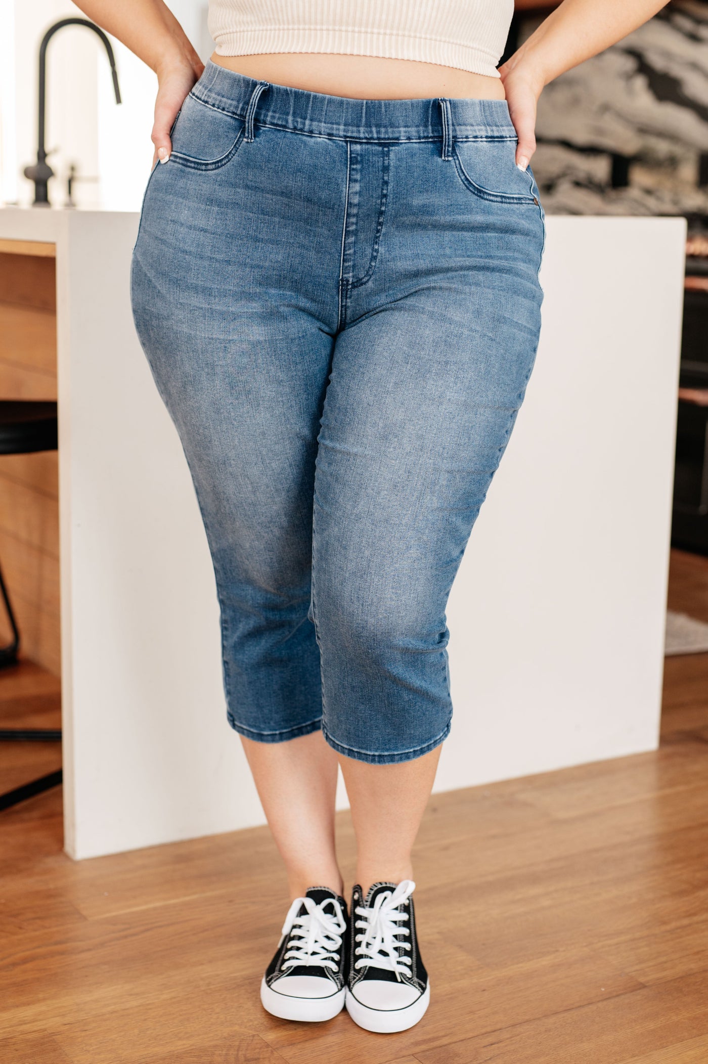 Emily High Rise Cool Denim Pull On Capri Jeans-Denim-Ave Shops-Market Street Nest, Fashionable Clothing, Shoes and Home Décor Located in Mabank, TX