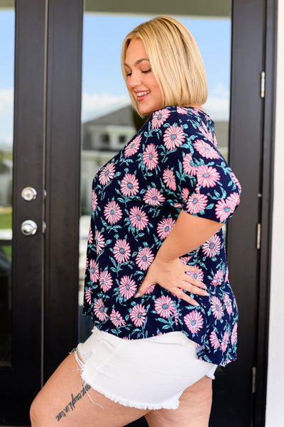 Essential Blouse in Navy and Pink Daisies-Tops-Ave Shops-Market Street Nest, Fashionable Clothing, Shoes and Home Décor Located in Mabank, TX