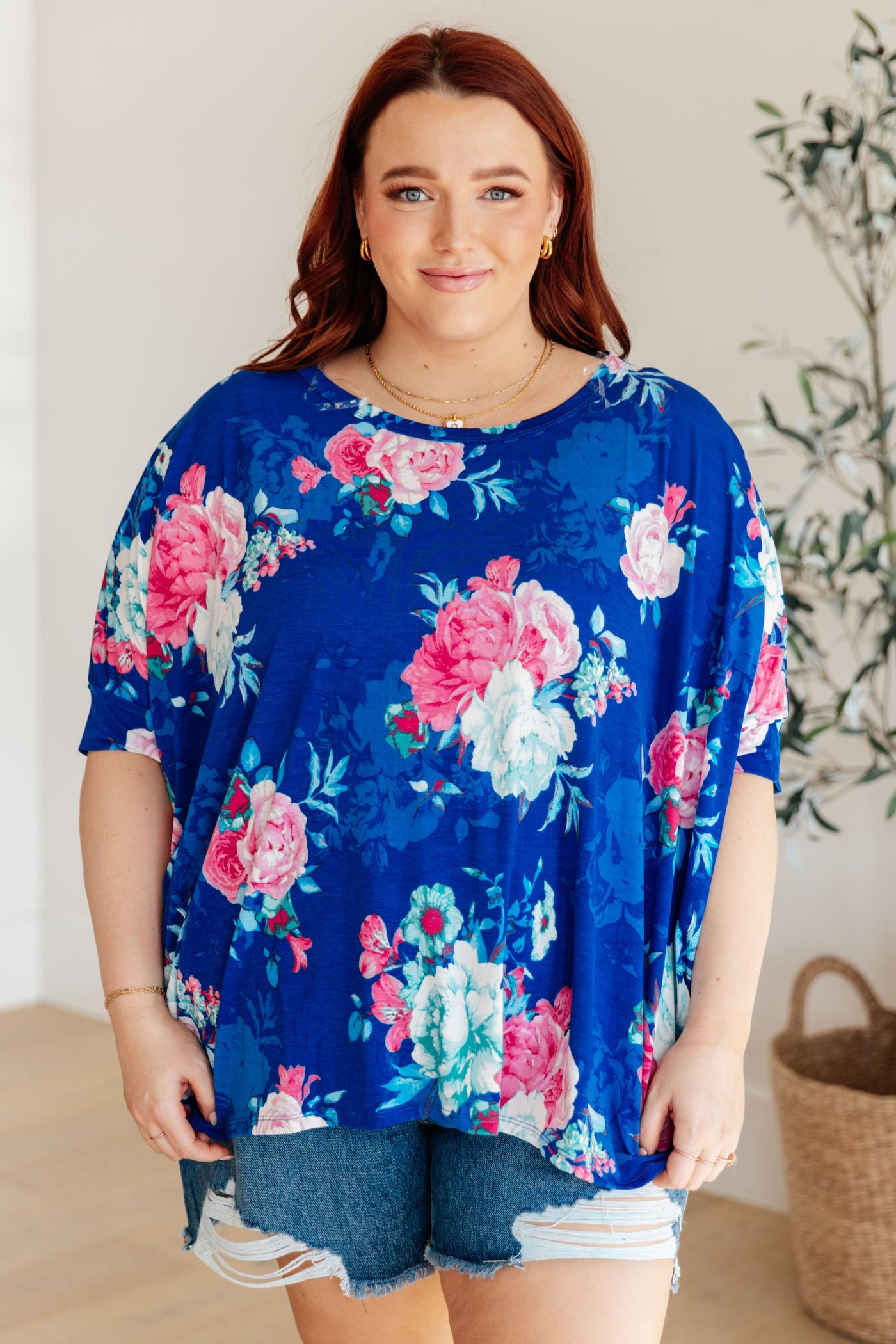 Essential Blouse in Royal and Pink Floral-Womens-Ave Shops-Market Street Nest, Fashionable Clothing, Shoes and Home Décor Located in Mabank, TX