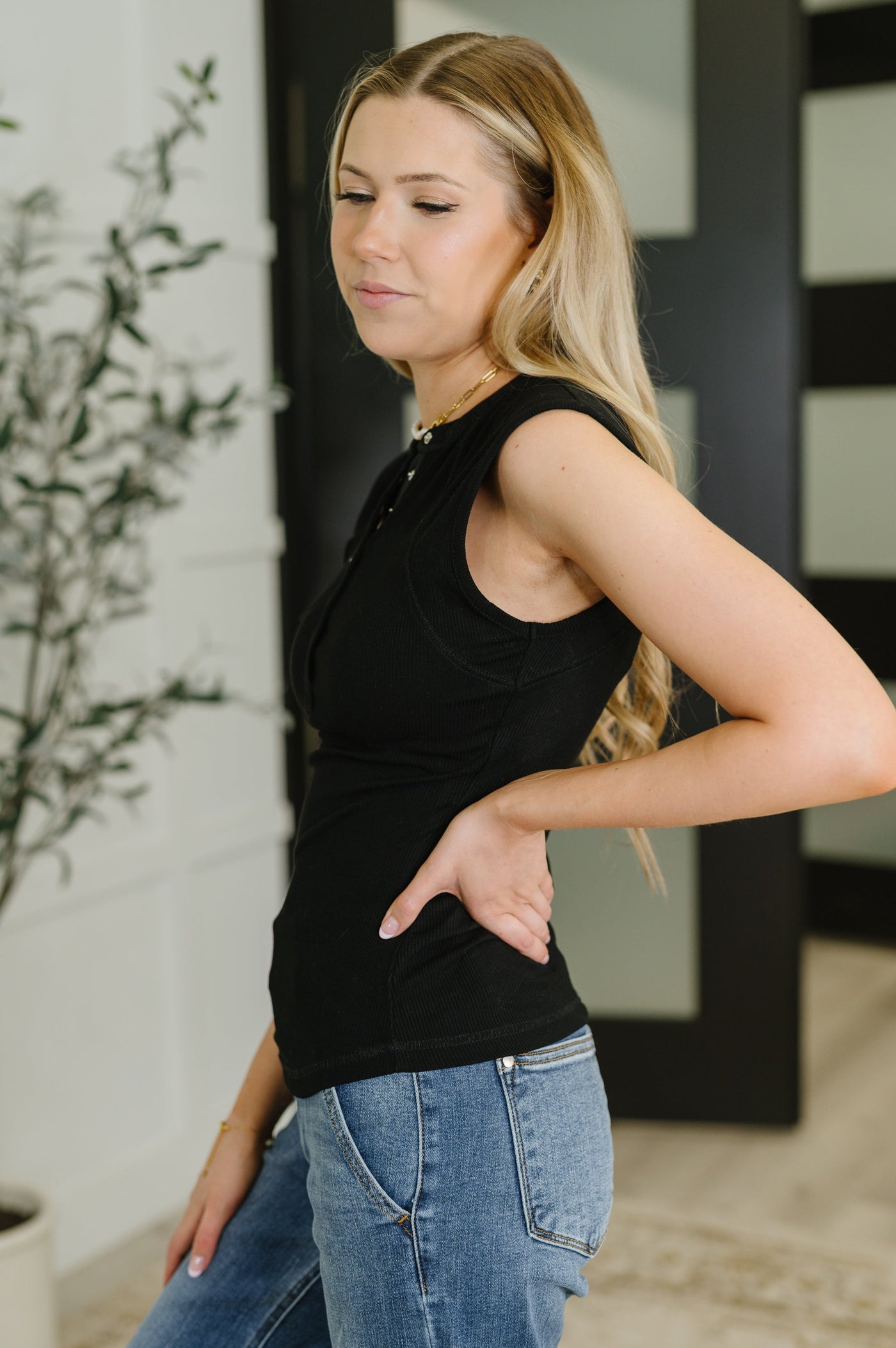 Everyday Edge Knit Henley Tank in Black-Womens-Ave Shops-Market Street Nest, Fashionable Clothing, Shoes and Home Décor Located in Mabank, TX