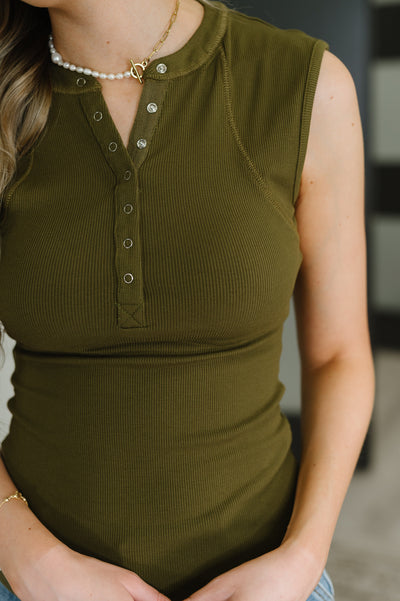 Everyday Edge Knit Henley Tank in Camo Green-Womens-Ave Shops-Market Street Nest, Fashionable Clothing, Shoes and Home Décor Located in Mabank, TX