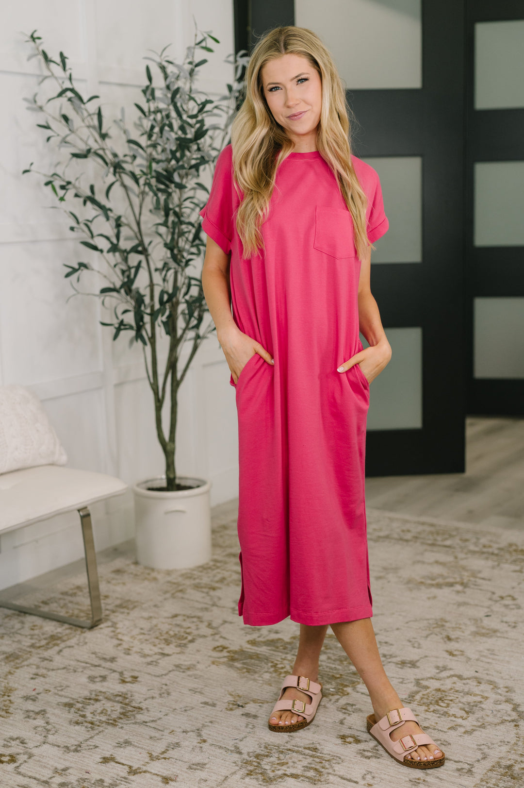 Fix You Right Up Short Sleeve Midi Dress in Hot Pink  Market Street Nest