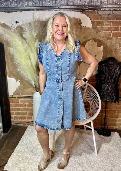 Front View. Denim Daze Denim Dress-Dresses-Nash Grey-Market Street Nest, Fashionable Clothing, Shoes and Home Décor Located in Mabank, TX