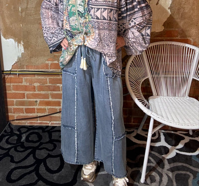 Self Fray Washed Chambray Palazzo Pants-Bottoms-Easel-Market Street Nest, Fashionable Clothing, Shoes and Home Décor Located in Mabank, TX