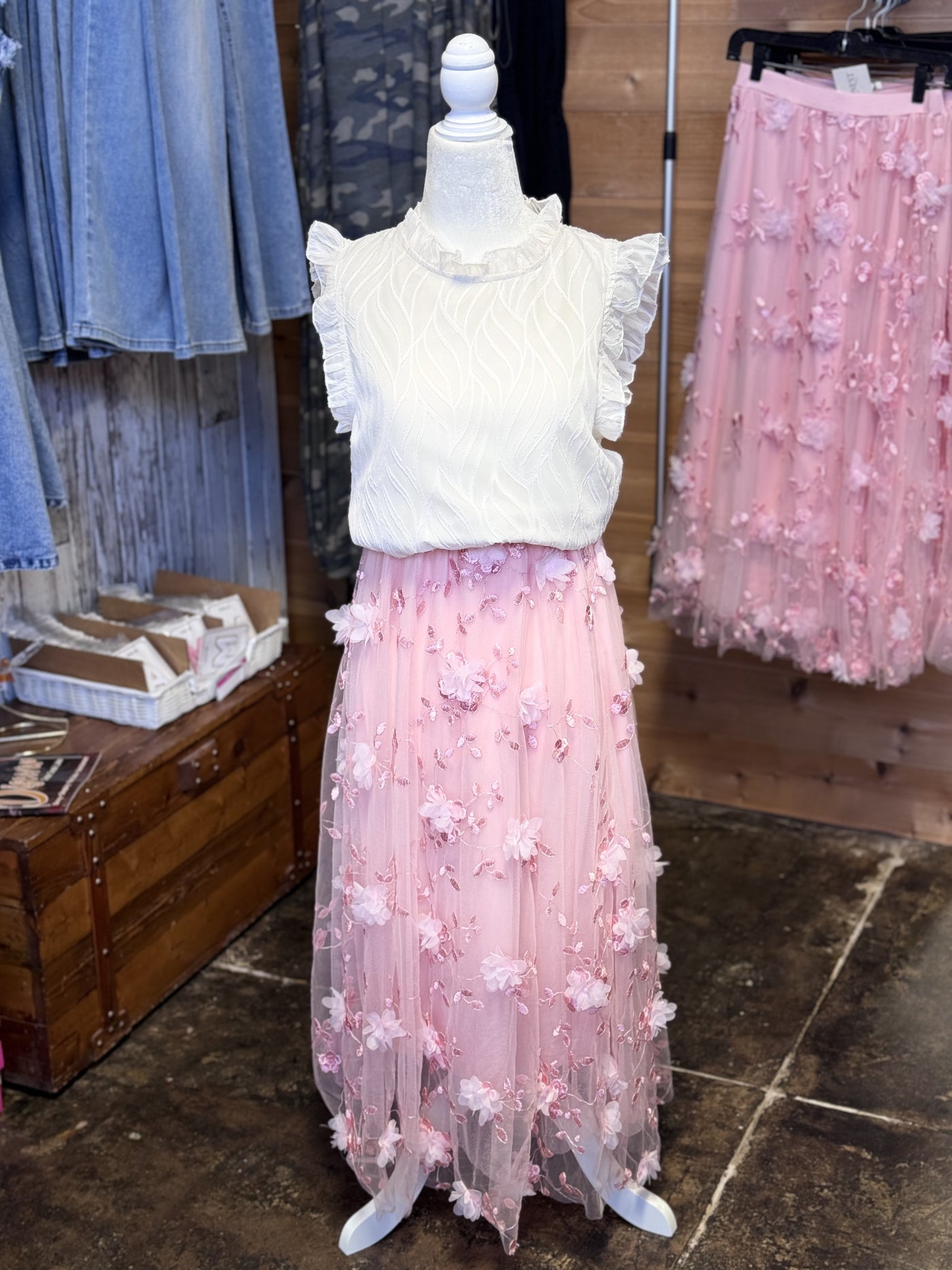 Front View. Floral Lace Midi Skirt-Dresses & Rompers-Miss Sparkling-Market Street Nest, Fashionable Clothing, Shoes and Home Décor Located in Mabank, TX