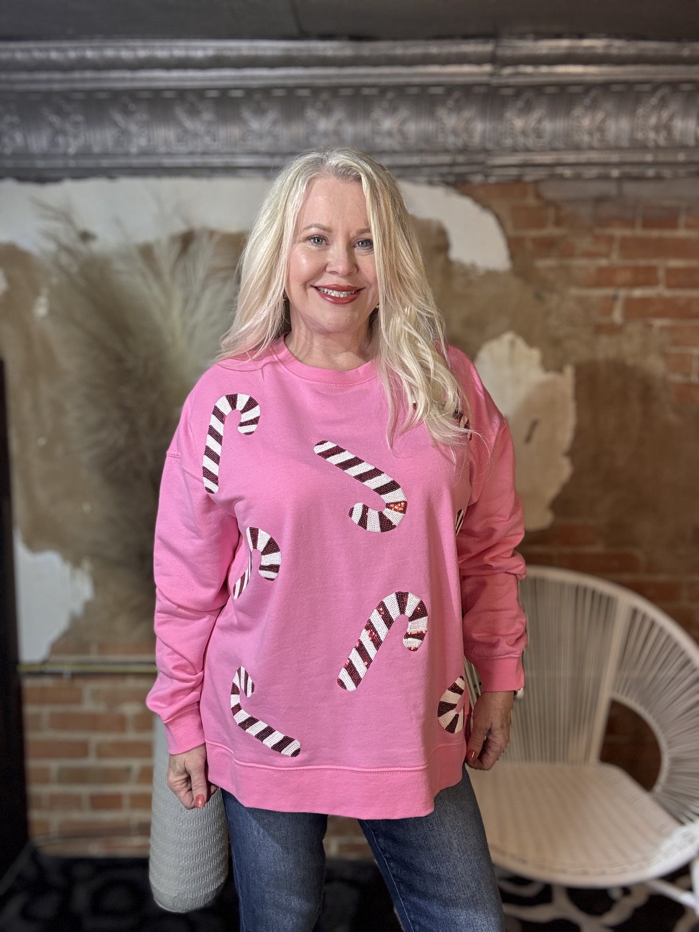 Pink Candy Cane Sparkle Sweatshirt-Tops-Mud Pie-Market Street Nest, Fashionable Clothing, Shoes and Home Décor Located in Mabank, TX