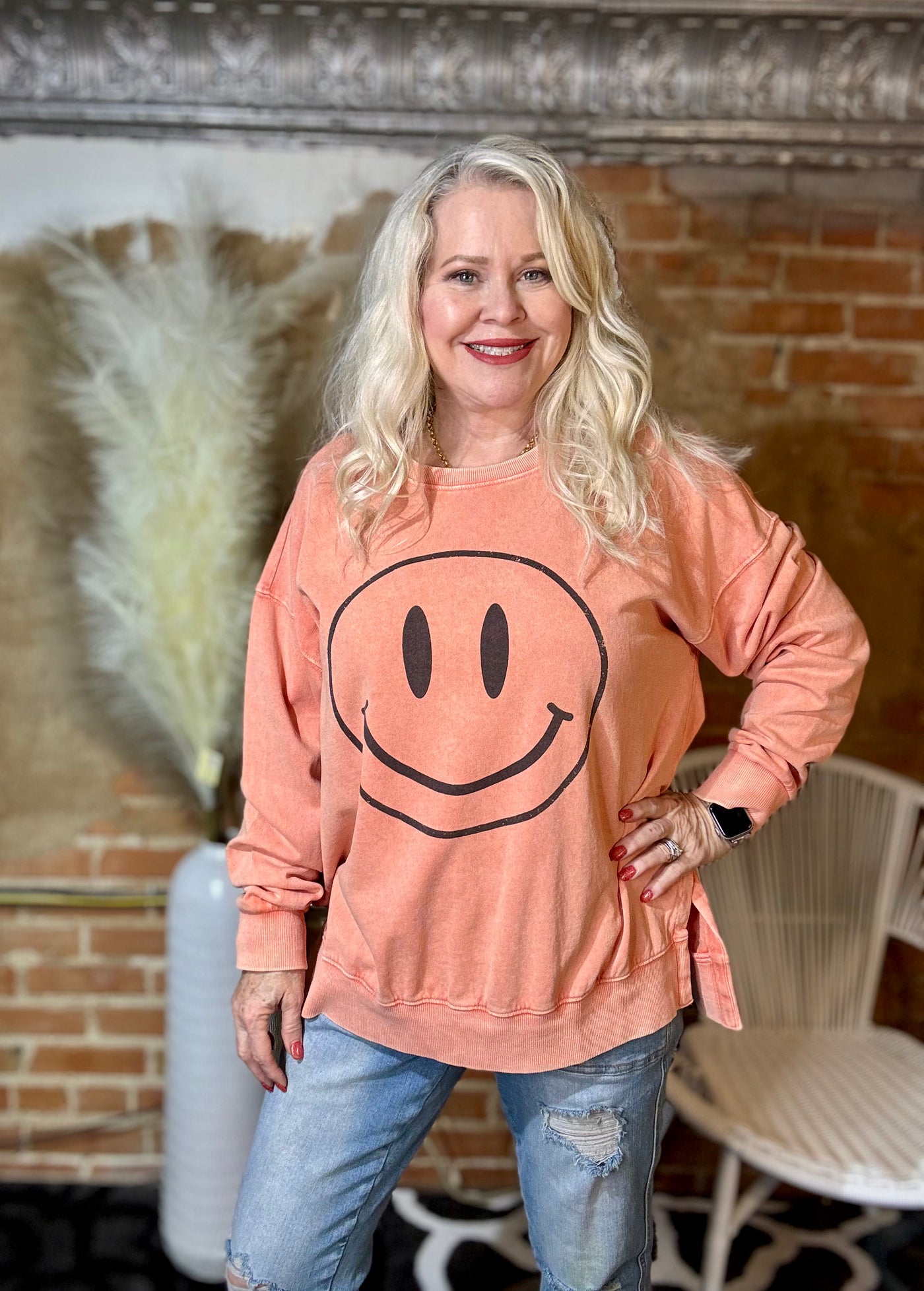 Smile Face Mineral Washed Terry Knit Pullover in Guave-Tops-Easel-Market Street Nest, Fashionable Clothing, Shoes and Home Décor Located in Mabank, TX