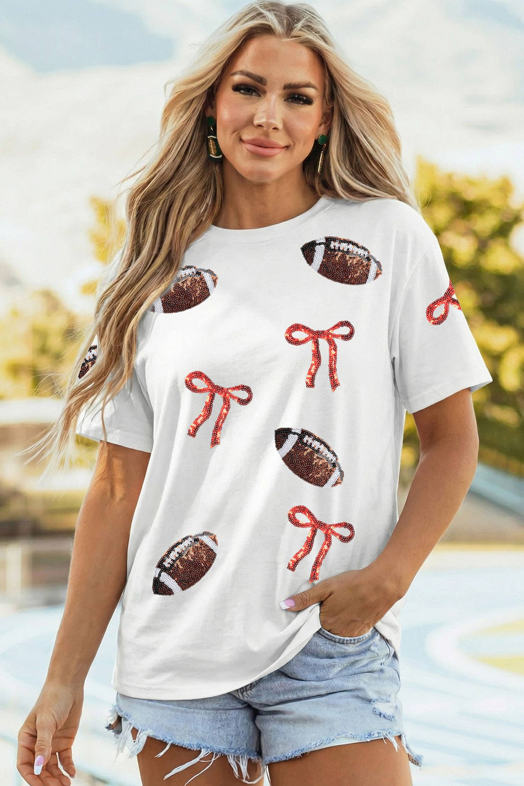 Game Day Sequin Rugby Bow Print Round Neck Shift Tee (S-3XL)-66DISCO-Market Street Nest, Fashionable Clothing, Shoes and Home Décor Located in Mabank, TX