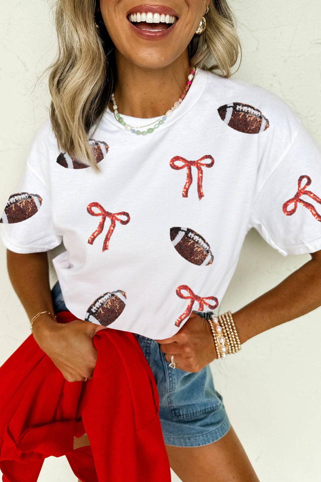 Game Day Sequin Rugby Bow Print Round Neck Shift Tee (S-3XL)-66DISCO-Market Street Nest, Fashionable Clothing, Shoes and Home Décor Located in Mabank, TX