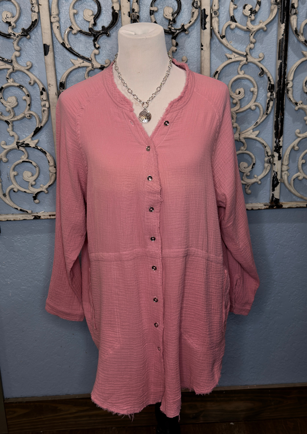 Gauze Button Down Tunic With Raw Edge-08-Tops-BEFORE YOU COLLECTION-Market Street Nest, Fashionable Clothing, Shoes and Home Décor Located in Mabank, TX