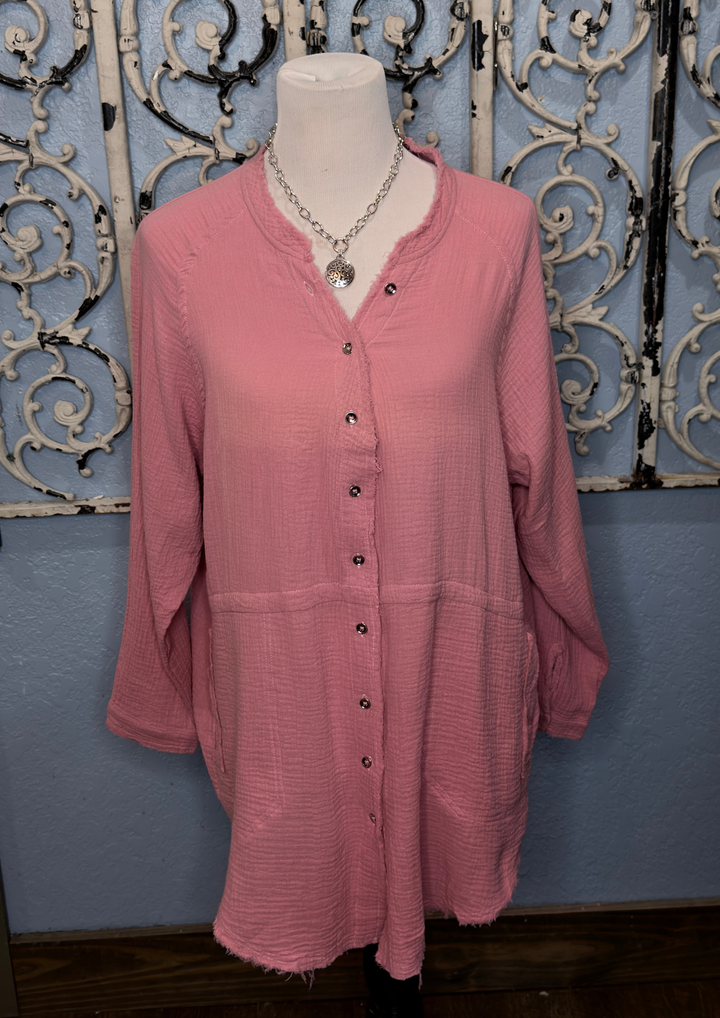Gauze Button Down Tunic With Raw Edge-08-Tops-BEFORE YOU COLLECTION-Market Street Nest, Fashionable Clothing, Shoes and Home Décor Located in Mabank, TX