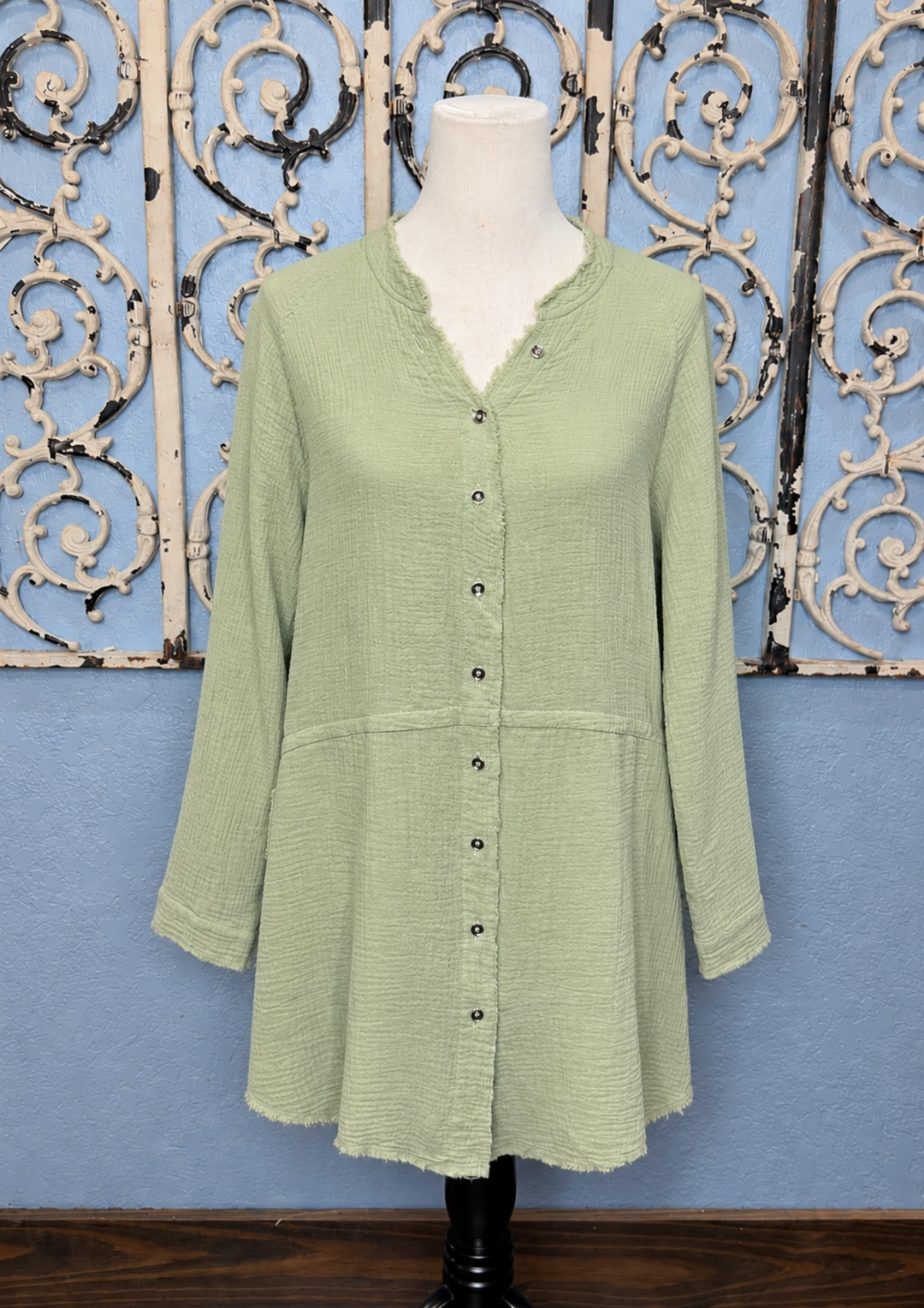 Gauze Button Down Tunic With Raw Edge-08-Tops-BEFORE YOU COLLECTION-Market Street Nest, Fashionable Clothing, Shoes and Home Décor Located in Mabank, TX