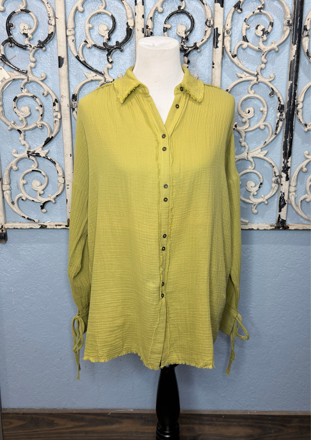 Gauze Double Button Detail Button Up Shirt Golden Lime-08-Tops-BEFORE YOU COLLECTION-Market Street Nest, Fashionable Clothing, Shoes and Home Décor Located in Mabank, TX