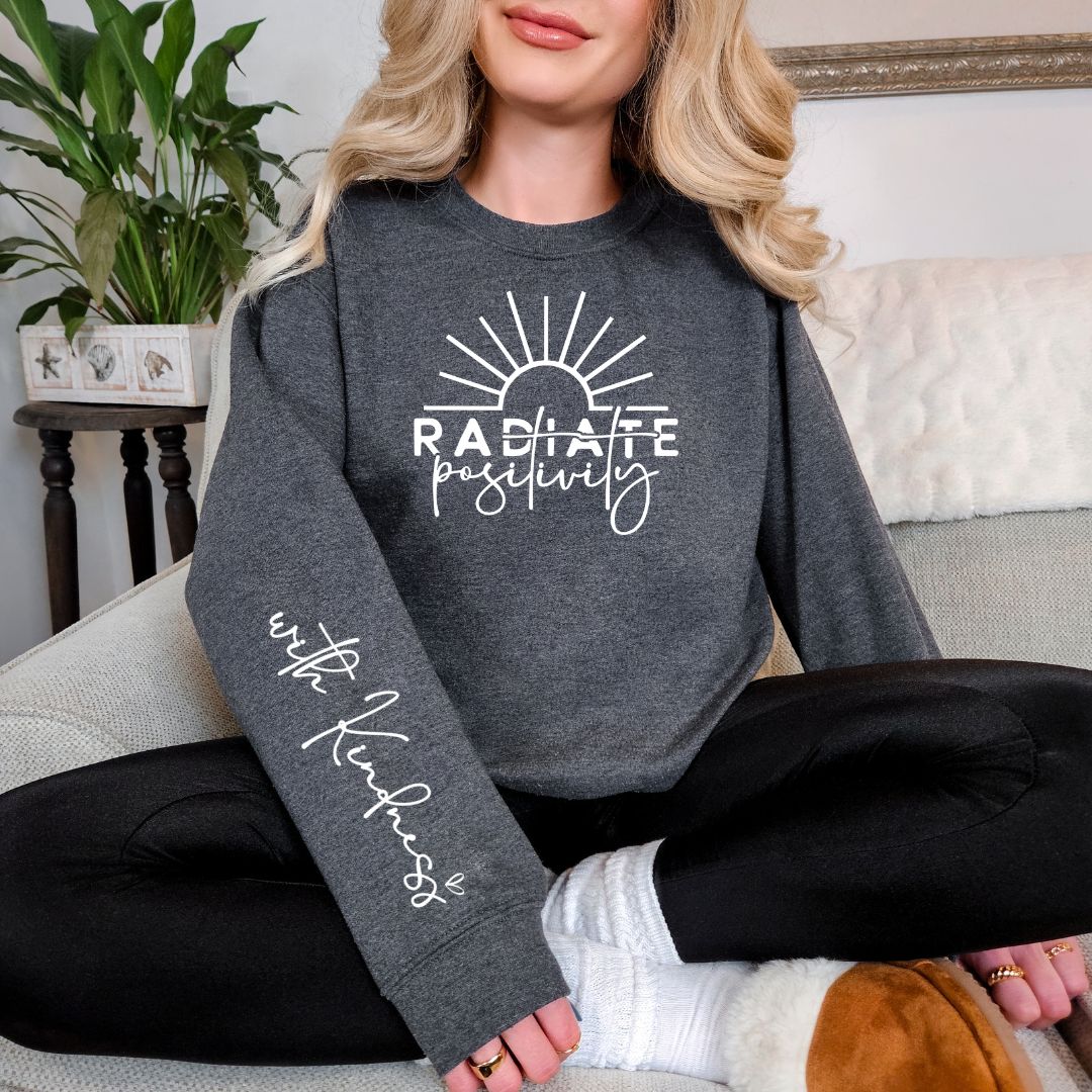 Radiate Positivity Graphic Sweatshirt in Three Colors-Preorder-Ave Shops-Market Street Nest, Fashionable Clothing, Shoes and Home Décor Located in Mabank, TX