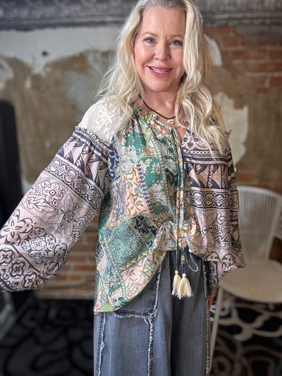 Green Ash Mix Print Blouse-Tops-Easel-Market Street Nest, Fashionable Clothing, Shoes and Home Décor Located in Mabank, TX