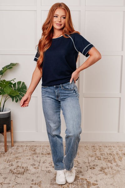 Heartbreaker Waffle Knit Tee in Blue-Tops-Ave Shops-Market Street Nest, Fashionable Clothing, Shoes and Home Décor Located in Mabank, TX