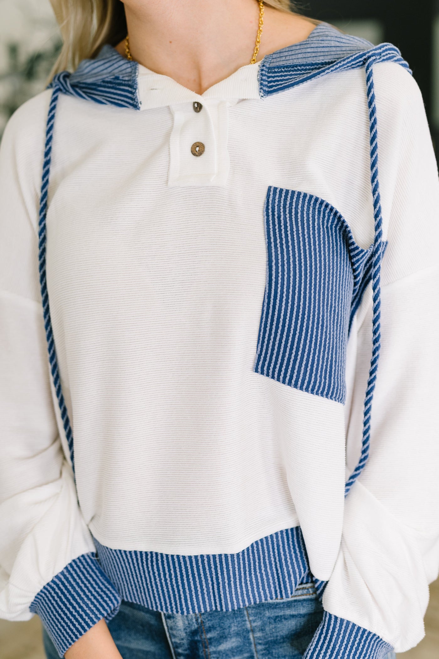 Here for Now Color Block Hoodie in Blue-Womens-Ave Shops-Market Street Nest, Fashionable Clothing, Shoes and Home Décor Located in Mabank, TX