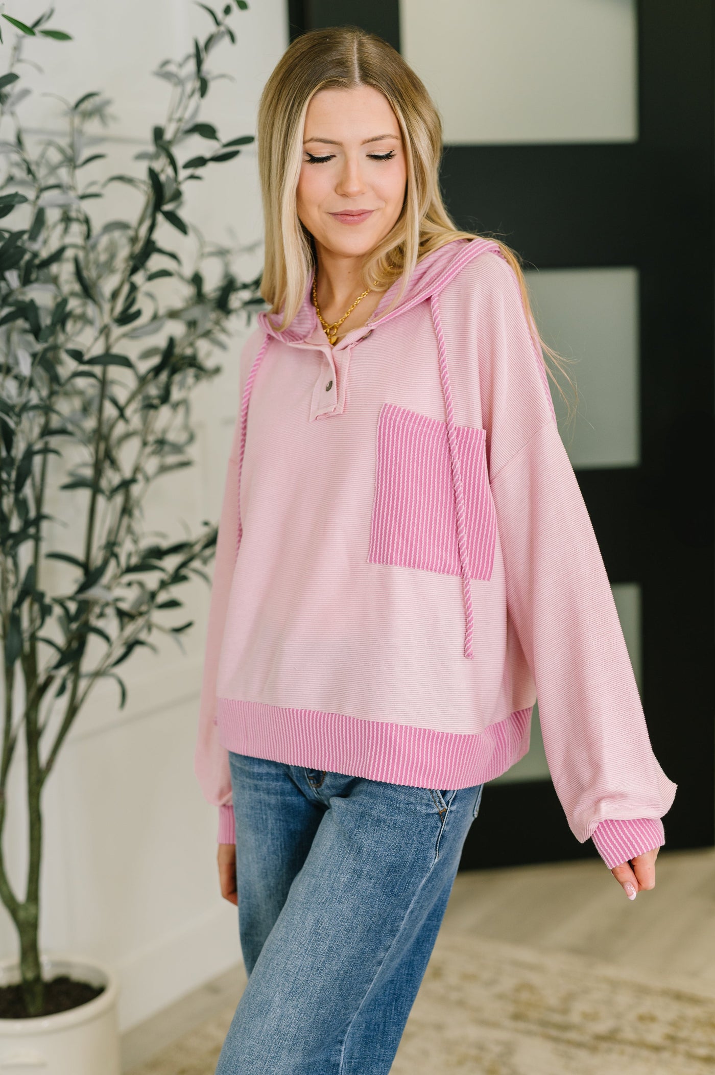 Here for Now Color Block Hoodie in Pink-Womens-Ave Shops-Market Street Nest, Fashionable Clothing, Shoes and Home Décor Located in Mabank, TX