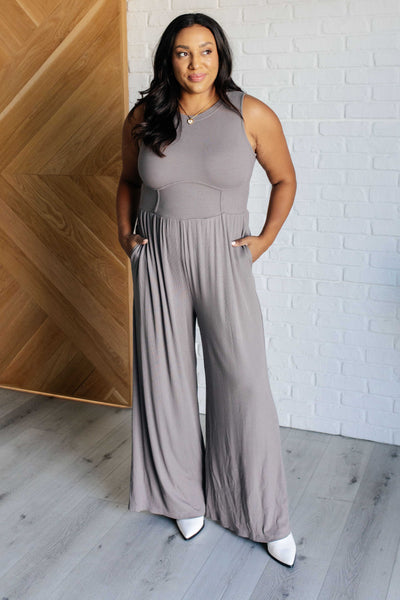 Hilary Wide Leg Jumpsuit in Grey-Jumpsuits & Rompers-Ave Shops-Market Street Nest, Fashionable Clothing, Shoes and Home Décor Located in Mabank, TX