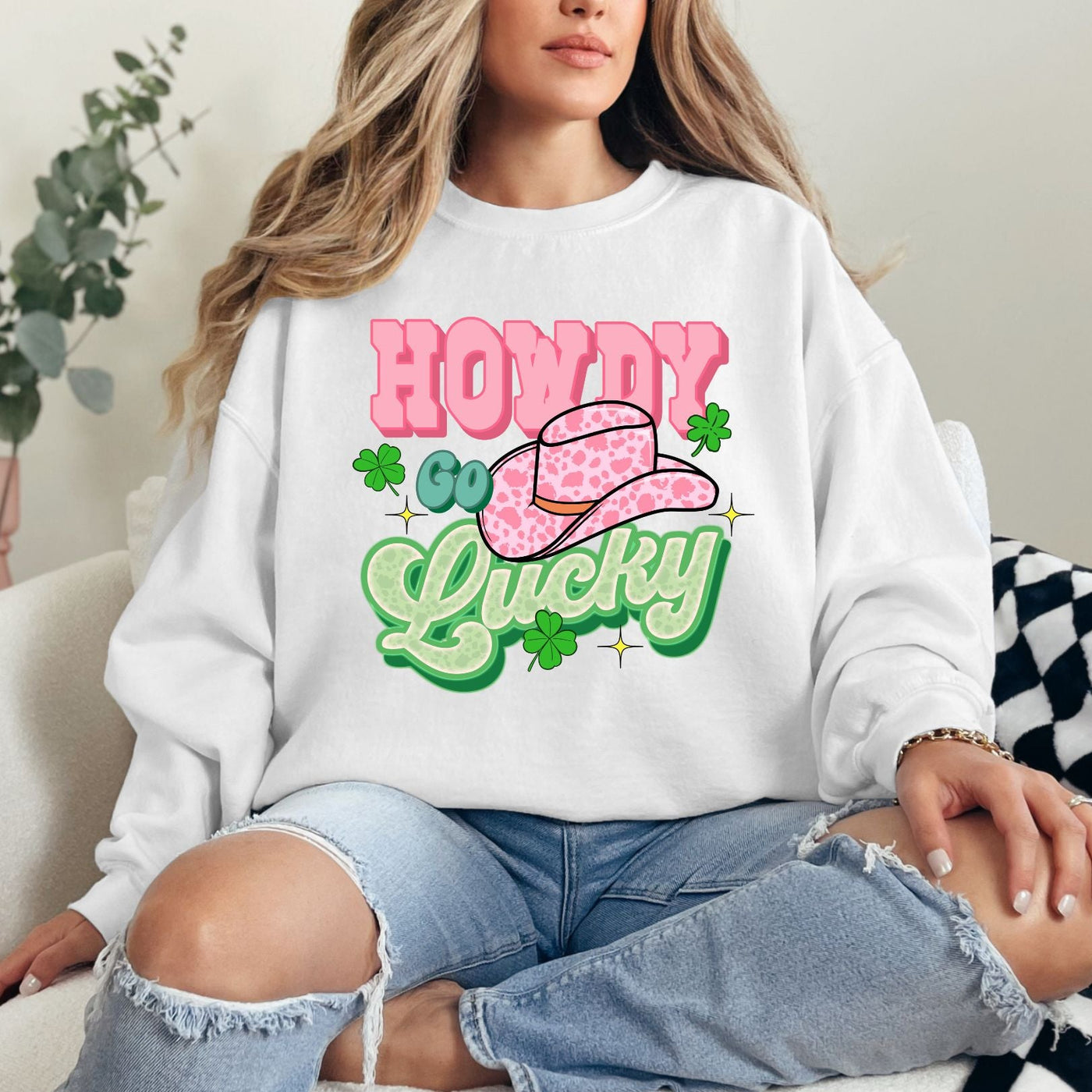 Howdy Go Lucky Graphic Sweatshirt-Womens-Ave Shops-Market Street Nest, Fashionable Clothing, Shoes and Home Décor Located in Mabank, TX