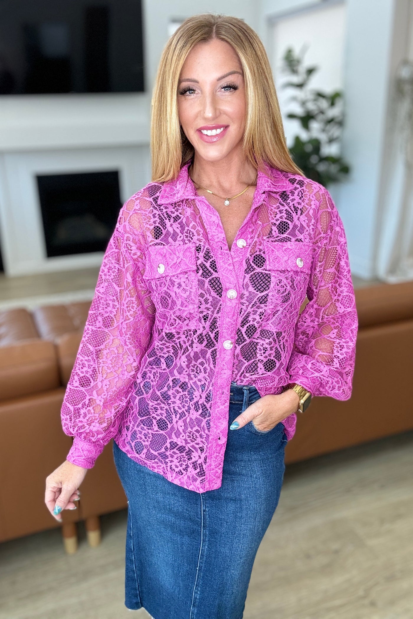 Stick Together Lace Button Up in Magenta-Layers-Ave Shops-Market Street Nest, Fashionable Clothing, Shoes and Home Décor Located in Mabank, TX