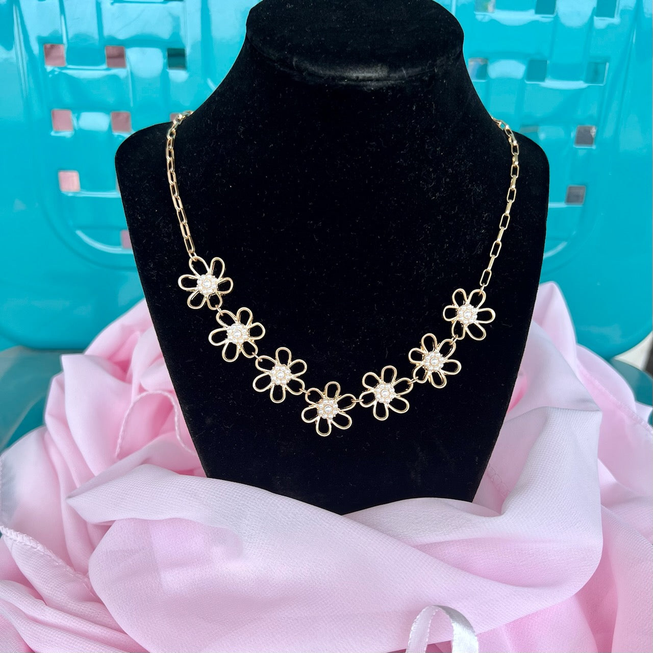 Daisy Pearl Cluster Flower Linked Chain Necklace in Worn Gold-Necklaces-Canvas Style-Market Street Nest, Fashionable Clothing, Shoes and Home Décor Located in Mabank, TX