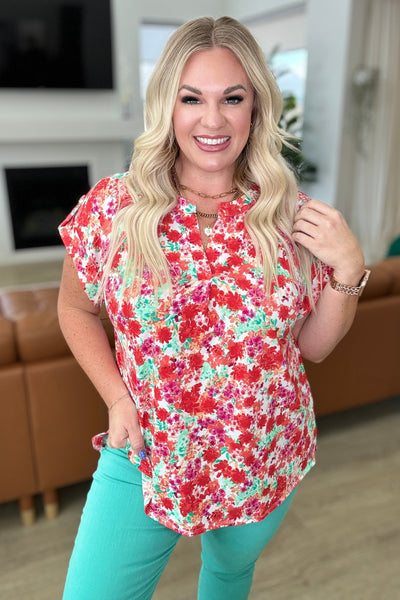 Lizzy Cap Sleeve Top in Ivory and Coral Floral-Tops-Ave Shops-Market Street Nest, Fashionable Clothing, Shoes and Home Décor Located in Mabank, TX