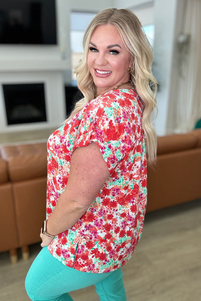 Lizzy Cap Sleeve Top in Ivory and Coral Floral-Tops-Ave Shops-Market Street Nest, Fashionable Clothing, Shoes and Home Décor Located in Mabank, TX